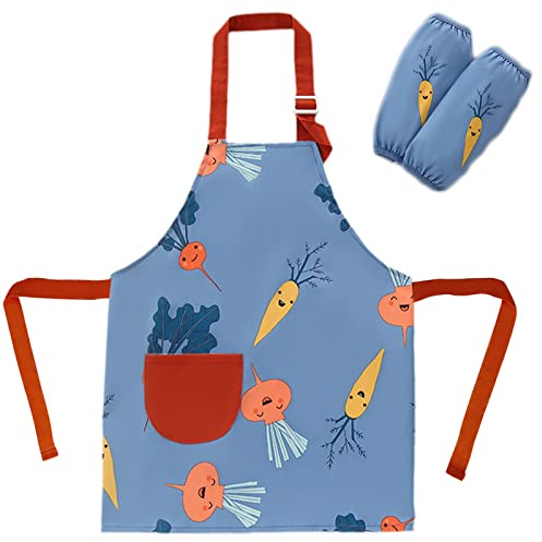 SUNNEKO Kochschürze Kinder Schürzen mit Tasche Wasserdicht Jungen Mädchen Verstellbare Küchenschürze Basteln Bemalen Backen Kochen Malschürze Kunstkittel Arbeitsschürze Painting Bastelschürze