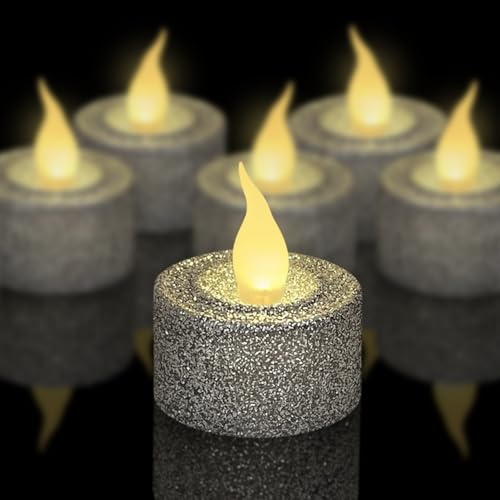 FURORA LIGHTING Silver Glitter LED Tealight Candles Pack of 12, Flameless Flickering Tealight Candles for Home Décor, 1.5’’(W) x 1.65’’(H), Battery Operated