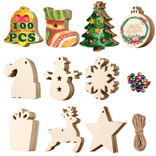 COVACURE 100 PCS Christmas Wooden Ornaments, 10 Different Shapes Christmas Crafts Unfinished Wood Slices with 100PCS Cords and 50PCS Bells for Christmas Tree Decoration