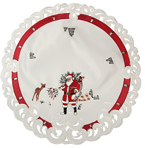 HanaQi Weihnachtsmann in Winterlandschaft Stickerei Tischdeckchen 60 cm Rund Polyester, rot-weiß