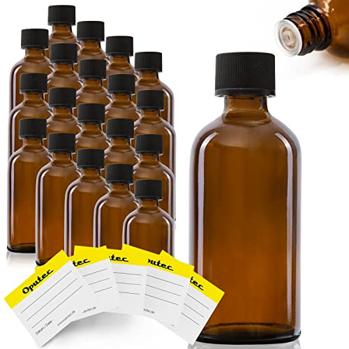 Oputec 20 x 100 ml Tropfflaschen aus Glas + 20 Beschriftungs-Etiketten - Braune Apothekerflaschen mit Tröpfler - Kleine Glasflaschen mit Schraubverschluss