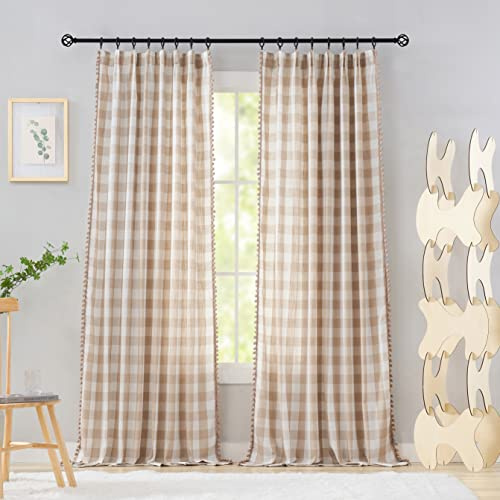 Treatmentex Beige Weiß Buffalo Kariert Gardinen mit Kräuselband Vorhang Halbtransparente 135CM Breite Gardinen Landhausstil für Bauernhaus,Schlafzimmer,Wohnzimmer-2 Stück(Beige Weiß,135x225cm)