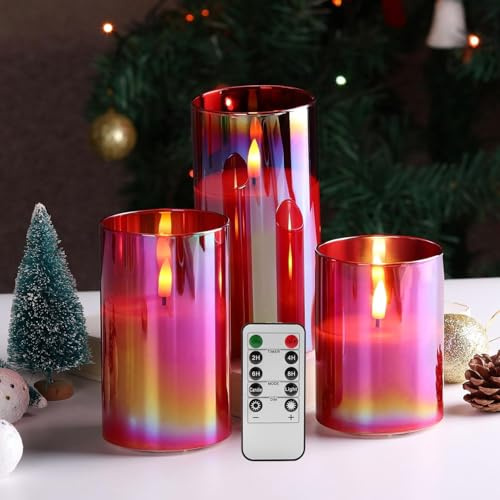 Eywamage LED-Stumpenkerzen aus rotem Glas mit Fernbedienung, flackernde flammenlose Batteriekerzen Φ 3 H 4 5 6