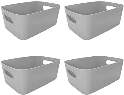 4 Stück Aufbewahrungsbox (25 x 17 x 10cm) Boxen Aufbewahrung, Aufbewahrungskorb Kunststoff, Multifunctional Ordnungsboxen, Korb Aufbewahrung Badezimmer, Kitchen Schrank ​Storage Körbchen (Grau)
