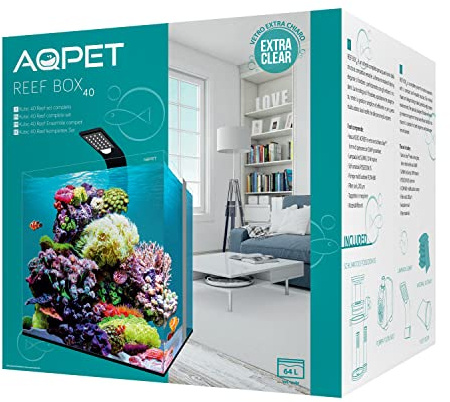 AQPET Acquario ReefBox 40 Completo di Schiumatoio Pompa FIltro in Vetro Modello Extrachiaro 40x40x40 cm 64 Litri, trasparente