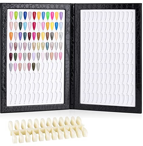 BNG Professional Color Chart with 216 Nail Colors, 240 False Tips for Salon Art, Black Leather Display Card