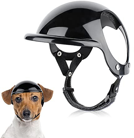 PETLESO Haustierhelm Hund-Motorradhelm Hundehut mit verstellbarem Kopfband Schutzhelm mit Ohrlöchern zum stabilen und bequemen Tragen für Outdoor-Aktivitäten beim Motorradfahren (Schwarz-S)