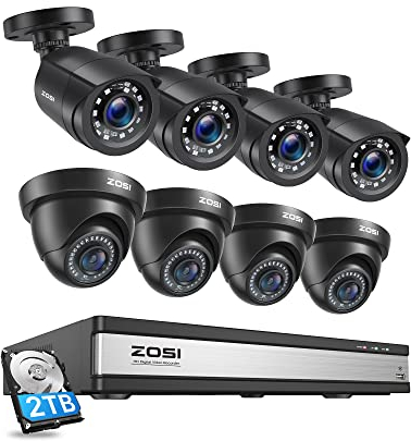 ZOSI 1080p Kit Cámaras de Vigilancia 16CH Grabador DVR y 2TB Disco Duro Sistema con 8X 2MP CCTV Cámara Seguridad Exterior e Interior, Visión Nocturna, Detección y Alarma de Persona