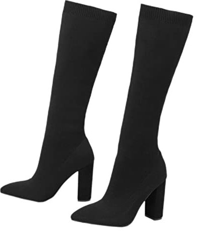 PAXAS Botas de calcetín de rodilla de ajuste delgado de moda para mujer, botas elásticas de tela con punta cuadrada y tacón de caña alta, zapatos casuales de entrada deslizante - Negro, 38