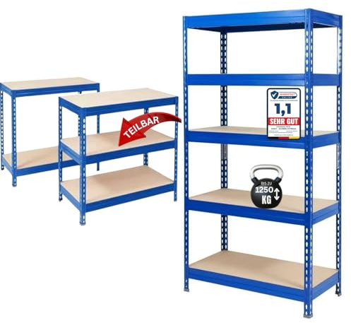 KARAT schwerlastregal - Steckregal, Kellerregal, Lagerregal, Werkbank - Traglast bis 1250 kg - Schnelle Montage & Standsicher (Blau, 220 x 90 x 45 cm)