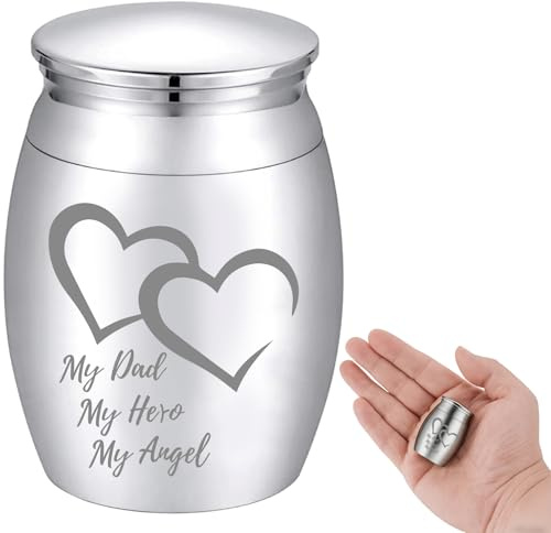 CREATCABIN Liten minnessak urna mini kremering urnor askhållare hjärta miniatyr begravning begravning behållare burk gravering rostfritt stål för familj minnesmärke silver 1,57 x 1,18 tum – My Dad My Hero My Angel