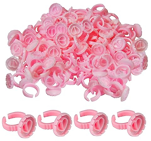 Kleber Halter Ringe, 100 Stück Wimpernkleber Halter Ring, Herzform Wimpern Ring, Plastic Wimpern Extensionsn Halter, Wimpernverlängerung Tasse, Wimpern Blüte Halter für Wimpern Extensions Pink