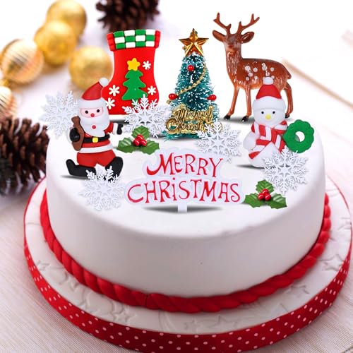 Christmas Cake Toppers, 13Pcs Xmas Cake Decorations Santa Snowman Elk Christmas Tree snowflake for Merry Christmas Cake Cupcake DIY Decoration