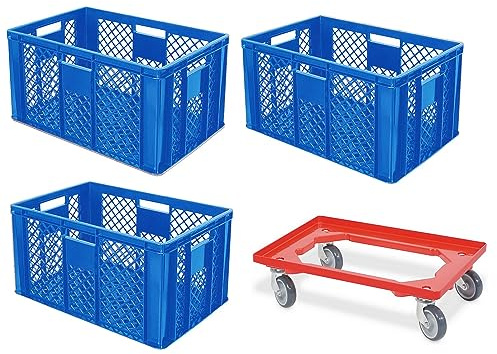 BRB 3x Eurobehälter durchbrochen, lebensmittelecht, 600x400x320 mm, inkl. Transportroller (blau)