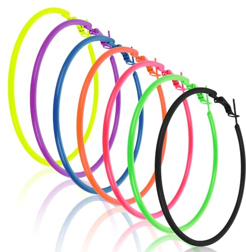 7 Paar Damen Neon Ohrringe Vintage 80er 90er Jahre Party Ohrringe Neon Hoop Earrings Rund Creolen Frauen Mädchen Neon Große Ohrringe Modeschmuck für 70er 80er Party Outfits Neon Creolen