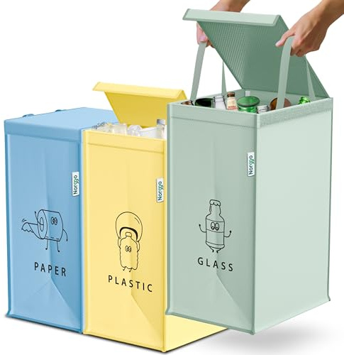 Norggo® Mülltrennsystem 3fach – Set aus 3 Mülltrennsysteme für Plastik, Papier und Glas – Recycling Behälter 40L mit Griff – Abfall & Recycling Lösung – Mülltrennsystem Küche – Altpapier & Altglas