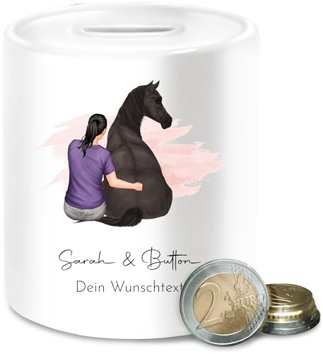 Spardose - Pferde - Frau mit Pferd I Wunschtext I Wunschname Text I Geschenk Reiter - Unisize - Weiß - Geschenke für reiterinnen pferden Pferd- sparbüchse pferdespardosen pferdemotiv und Keramik
