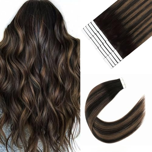 Sixstarhair Tape In Hair Extensions Human Hair Ombre Dark Brown with Medium Brown Balayage Highlights Color Silky Straight Tape Hair Extensions Remy Human Hair 50g 20pcs [P2/6/2 14inch]