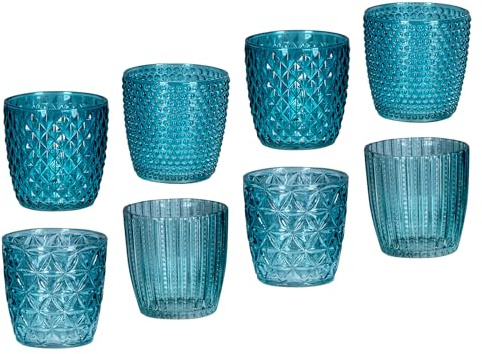 8er Set Windlicht H7,5cm Glas Türkis Teelichthalter Tischdeko Kerzen Retro Deko Kerze Transparent Kerzenhalter Tischdeko Deko