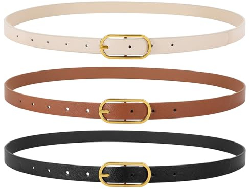JasGood 3 stycken dam skinny läderbälte för klänning byxor jeans dam tunt midjebälte med guldspänne, Svart + brun + beige (retro guldspänne), L:Anzug Taillengröße 92cm-104cm