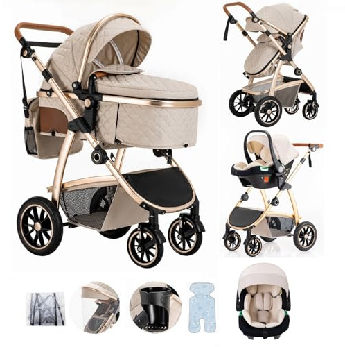Lnhcrbs Baby Stroller 3 in 1, Pram Frame in Aluminium,22KG,0-4Years,Beige