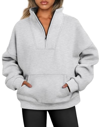 Jhsnjnr Damen Half Zip Oversized Sweatshirt Stehkragen Herbst V-Ausschnitt Oberteile Langarm Einfarbig Fleece Pullover