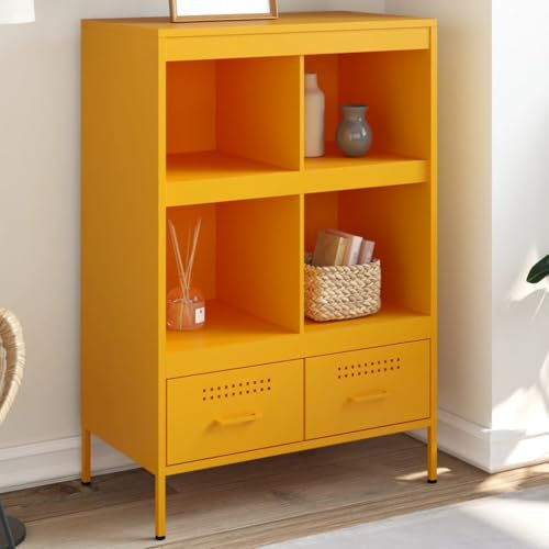 Willood Highboard Senfgelb 68x39x101,5 cm Kaltgewalzter Stahl Sideboard mit Stauraum, Kommode Anrichte Verstellbare Schraubfüße, Beistellschrank Schrank, Industrie-Stil