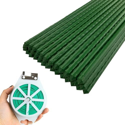 Green Garden Plant Stakes, 40Pcs Garden Canes Plastic Coated Steel Tube Garden Stakes, Plant Support Sticks with 100m Ties Wire, Vine Support Stakes for Flowers Vegetable, 8mm x 75cm