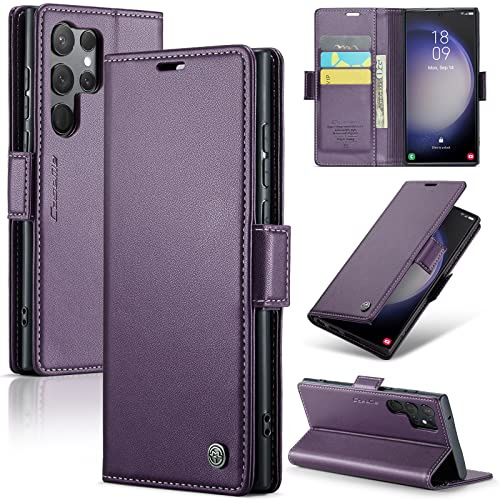 Rerzoiro Handyhülle für Samsung Galaxy S23 Ultra Hülle, Premium PU Leder Klapphülle RFID Schutzhülle Magnet Kartenfach Standfunktion Flip Wallet Tasche Case Kompatibel Samsung S23 Ultra, Lila