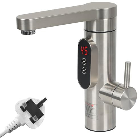 Instant Hot Water Tap, 3300W Electric Hot Water Faucet, Stainless Steel Electric Water Heater Tap, 360° Rotatable, LED Temperature, Hot and Cold Kitchen Faucet (Style B, Silver)