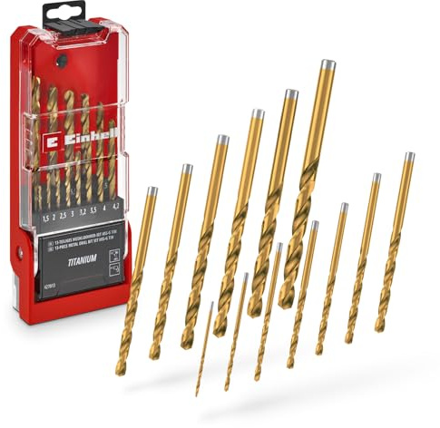 Einhell 13 pezzi set di punte per metallo HSS-G TiN, Ø 1,5–6,5 mm | Acciaio HSS 4341 | nitruro titanio | Split Point 135° | spirale tipo N fresata | codolo cilindrico | cassetta incl.