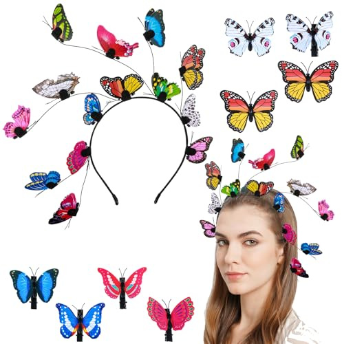 Nogeqi Schmetterling Haarreif Damen, Schmetterlings Stirnband Mit 8 Stück Schmetterlinge, Schmetterlingkopf Haarreifen Stirnbänder Karneval Party Butterfly Fasching (Farbe)