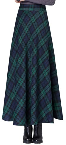 SLQPFK Falda larga a cuadros para mujer, falda larga a cuadros de lana cálida con bolsillos, cintura elástica acampanada, falda de tartán, Verde (Green 01), S