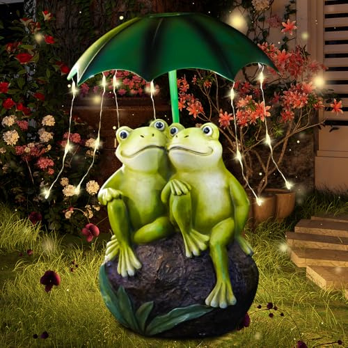 HOVCEH Solar Garden Ornaments Outdoor, Couple Frog Ornament Holding Umbrella with LED Light, Fairy Garden Ornaments Outdoor, Solar Gardening Statues Gifts for Women Men