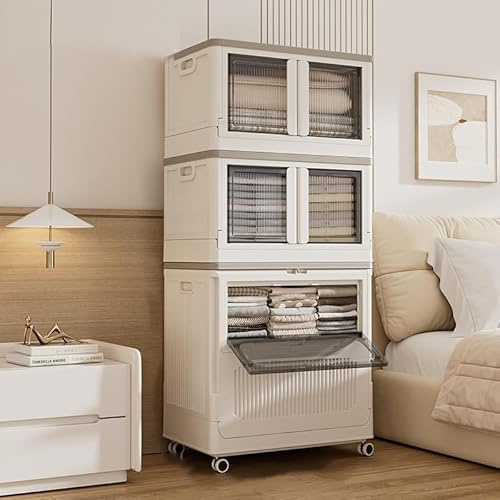 NETEL aufbewahrungsbox mit deckel, 2x94L und 180L plastik ordnungsboxen kleiderschrank, stapelbare aufbewahrungsboxen mit tür, faltbare aufbewahrungsbox schrank mit rollen,Weiß