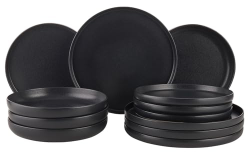 BUTLERS 12-tlg. Kombiservice für 4 Personen Steinzeug - CASA NOVA - | Farbe Schwarz - Mit Pastatellern & Speisetellern - Spülmaschinenfest & mikrowellengeeignet - Steinzeug mit reaktiver Glasur