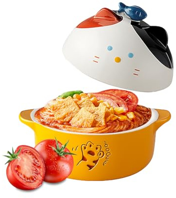 Ramen Schüssel mit Deckel Katze, 720mL Instant Nudeln Schüssel Ramenschüssel, Müslischalen, Pastaschüsseln Dessertschalen Nudeln Suppe Lunchbox(Orange)