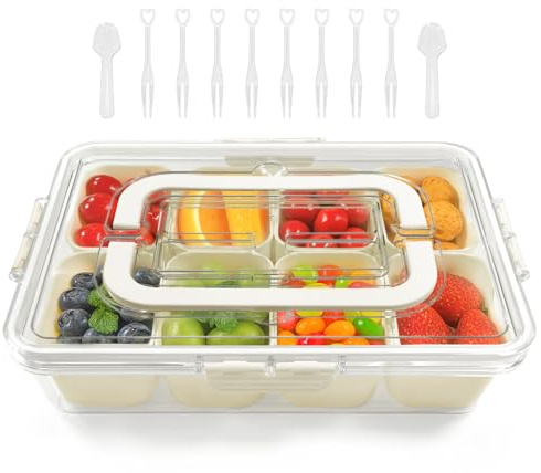 Feruchun Snackbox mit 8 Fächern Groß,Snackschale mit Deckel,Snackdose mit Griff,Snackteller für Obst Gemüse Nüsse Süßigkeiten Keksen,Innere Schachtel ist mikrowellengeeignet (Stil 1)