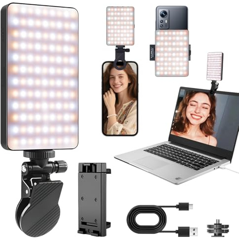 Anluomafuy Luce Selfie per Telefono con Clip, Flash Luce per Telefono Ricaricabile Portatile, 3000-9900K, 3 Modalità, 5 Livelli Luce, CRI 80+, 72 LED, per iPhone, iPad, Laptop, Fotocamera