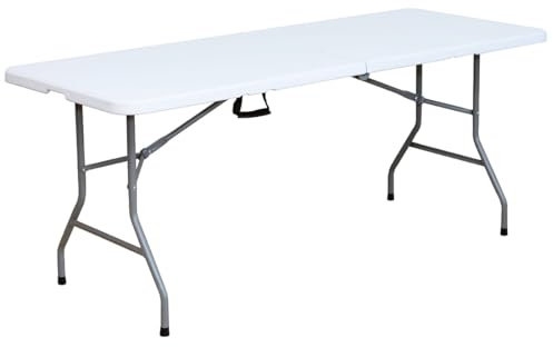 Acomoda Textil – Mesa Rectangular Portátil para Jardín, Terraza y Camping. Mesa Blanca Plegable de Interior y Exterior, Resistente y Duradera con Asa de Transporte 180x69x74 cm