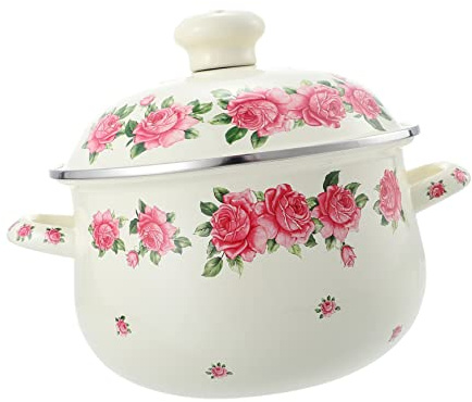 LIFKOME Casserole Émaillée Rétro Double Poignée Rose Motif Floral Faitout Chaleur pour Soupe et Compatible Cuisson Uniforme et Induction
