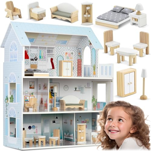 Ricokids Dockhus av trä – 3 våningar – med tillbehör – 11 möbler – leksak – blå 70 x 60 x 24 cm
