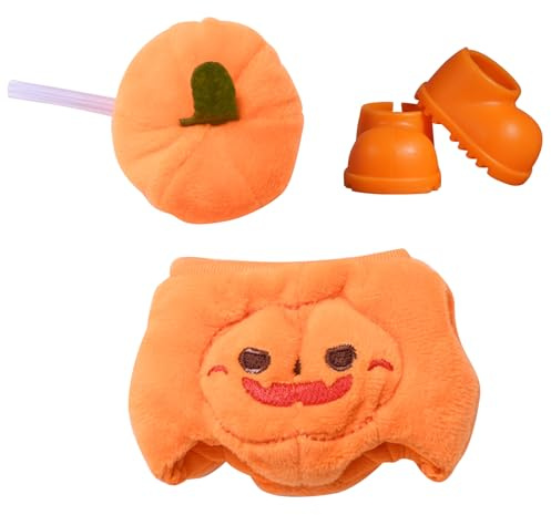 HTTDSLF Puppenkleidung, Kleidung für Puppe, Kuscheltier Kleidung Outfit für 17 cm Große Puppe, Süßer Kürbis-Jumpsuit, Lustige Bekleidungs zubehör mit Orangefarbenem Kopfschmuck