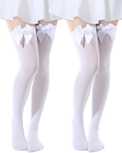 Women’s Satin Bow Stocking Knee High Socks White | for Dirndl Halloween Costumes, , Over Knee Long Socks for Halloween Cosplay Party Outfits, Costume Accessory Gift Long Tube