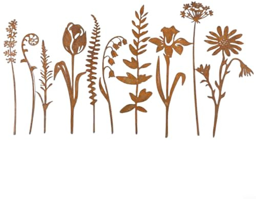 Rustic Metal Flowers Set of 10 Garden Stakes 12x4 Inch Iron Outdoor Lawn Yard Decorative Plant Ornaments Weatherproof Vintage Style Pathway Decor Easy Installation No Assembly Required(10sets)