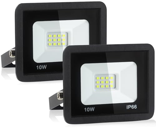 Fynokst 10W LED Strahler Außen Innen, 1080LM Superhell Außenbeleuchtung, 6000K Tageslichtweiß, IP66 Wasserdicht LED Aussenleuchte für Garten, Garage, Sportplatz, 2 Stücke
