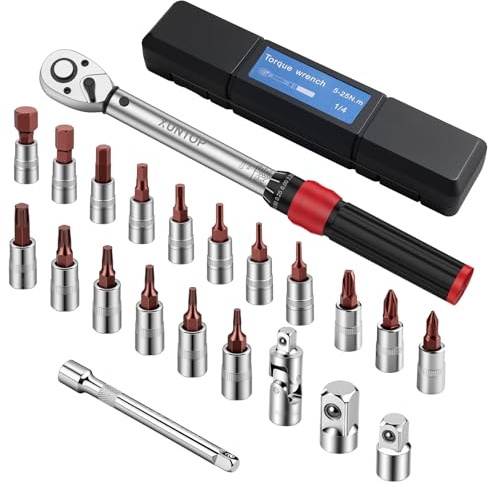 XUNTOP Set Chiave Dinamometrica da 22 Pezzi Chiave a Cricchetto 1/4 di Pollice con Gamma 5-25 Nm con 72 Denti con Inserti Esagonali/Phillips/Torx Per Riparazioni Bici, Moto, Auto e Pneumatici