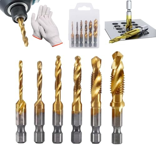 Neattidyly 3 in 1 Spiral Tap Hex Shank Drill Bit Set, Metric Combination Threading Tools Kit,M3/M4/M5/M6/M8/M10 Drill Bits High Speed Steel, Professional Thread Tap Drills Bit Set (Short Gold)