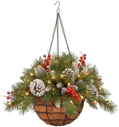 20 Inch Pre-Lit Artificial Christmas Hanging Basket with Pine Cones and Berries - Outdoor Decoration for Garden, Patio, Lawn for Front Porch Garden Patio Outdoor Xmas Holiday Decor (1PCS)