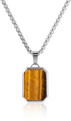 PiercingJak Dog Tag Halskette Herren Tigerauge Edelstein Anhänger mit Edelstahl Kette Heilsteine Minimalistisch Mode Schmuck Spirituelle Geschenke für Männer Frauen